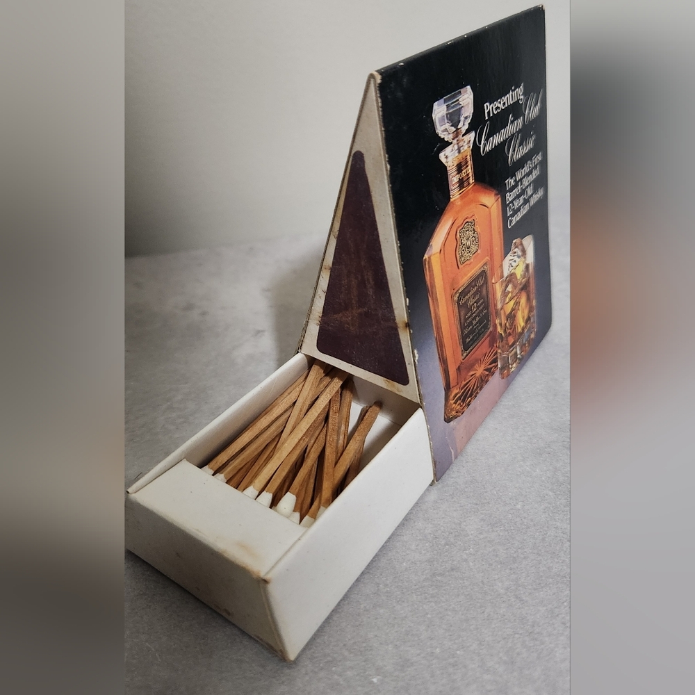 Vintage Canadian Club Whiskey Table Tent W/ Wooden Matches 1980s Collectible Ad
